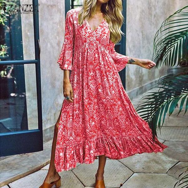 

women bohemian long maxi dress ladies high split ruffle vestidos zanzea female v neck floral print party sundress plus size, Black;gray