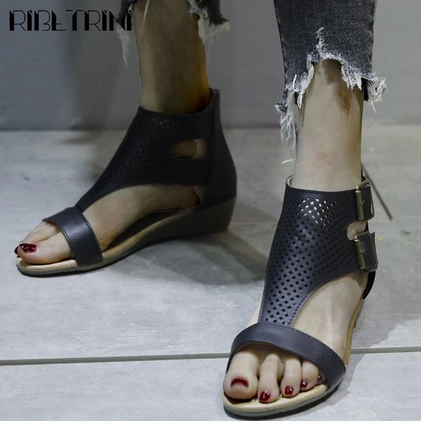 

ribetrini new ladies hollow wedges gladiator shoes elegant retro low heel women sandals 2020 casual summer sandals, Black