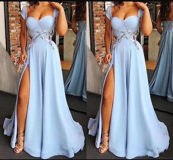 

Sexy Satin Mermaid Long Prom Dresses Elegant Off The Shoulder Capped Sleeves Split Sweep Train Formal Party Evening Gowns robes de soiree