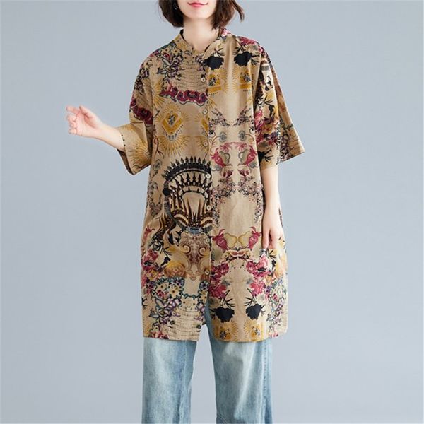 

plus-size women's western style blouses in summer age reduction design sense of cotton and linen shirt look thin, White