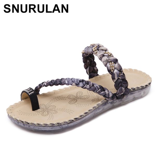 

snurulan 2019 for women; trendy flip-flops with open fingers; season summer leather outside rhinestones in bohemian style, Black