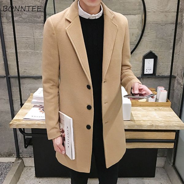

wool men single breasted long overcoat solid all match simple mens casual slim fit comfortable ulzzang males new trendy clothes, Black