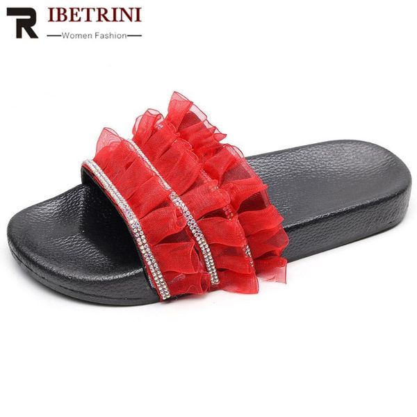 

ribetrini 2020 модных ярких оборки обувь женщина мода ins горячих rhinestone тапочки comfy повседневного низкий каблук летних слайды, Black
