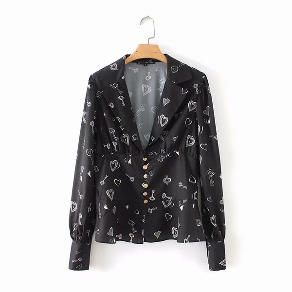 

2018 autumn women's dress new style suit collar heart shape printed shirt 9098, White