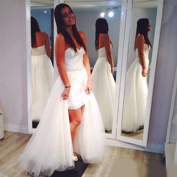 

simple design high-low wedding dresses 2020 with detachable train sweetheart beaded sash tulle floor length boho wedding bridal gowns, White