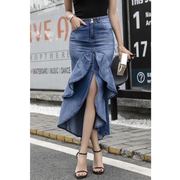 

2020 new designer skirt womens medium, long, slim and one-step hip wrapping a character cowboy half body fishtail denim tutu skirts, Black