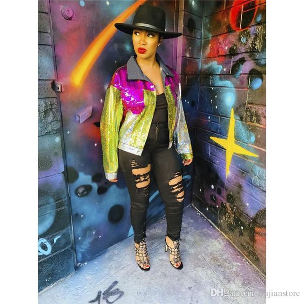 

womens designer sequins jackets womens jeans panelled coat casual women autumn loose outerwear, Black;brown