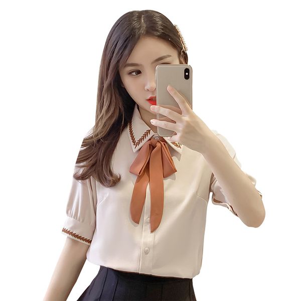 

2019 summer womens chiffon blouses and short sleeve clothing korean bow tie office lady shirts blouse embroidery blusa, White