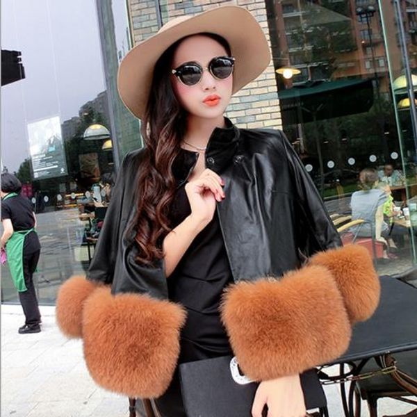 

clobee women faux fur coats 2017 luxury pu leather winter coat women long sleeve high waist retro slim fur jackets m914, Black