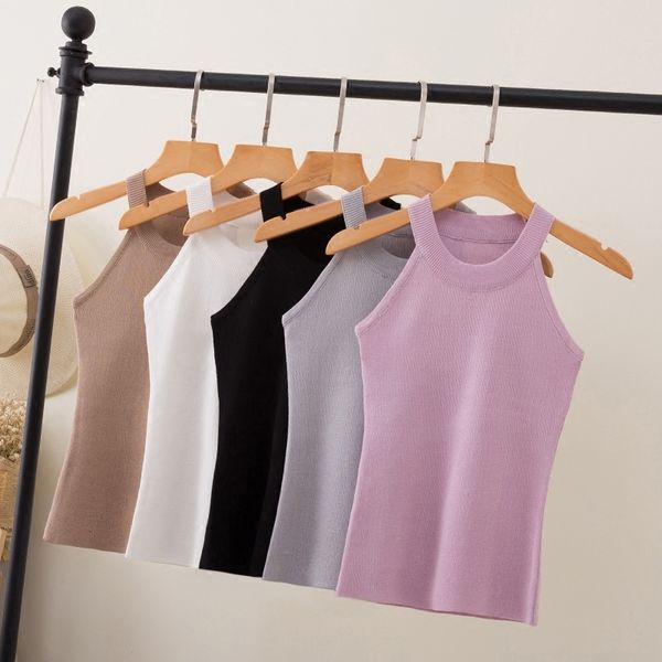 

crop summer women slim knitting halter camisole female bodycon knitted tanks sleeveless basic solid t shirts 8017, White