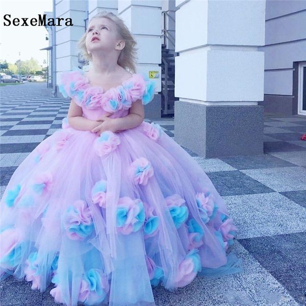 

lovely tulle puffy flower girl dresses for weddings o neck sweep train 3d floral applique communion dress birthday clothes girls pageant, Red;yellow