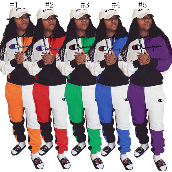 

марка письмо печатные толстовки экипировка спортивная одежда женщины лоскутная спортивный костюм осень чемпион карманные толстовки + брюки 2, White