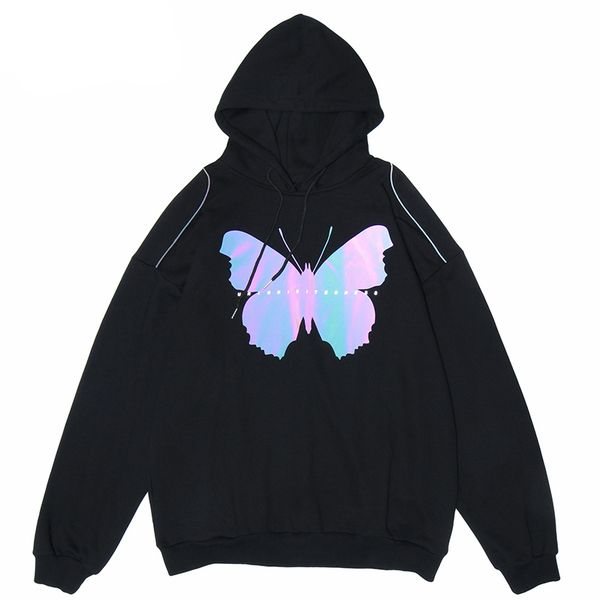 

men hip hop oversize pullover hoodies variable color butterfly print autumn streetwear harajuku cotton hipster hooded sweatshirt, Black