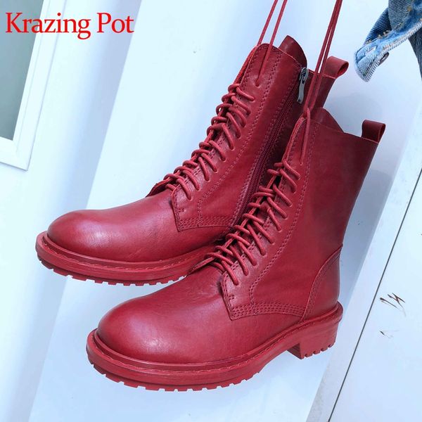 

krazing pot new genuine leather round toe lace up red color thick med heels western cowboy boots casual vitality ankle boots l27, Black