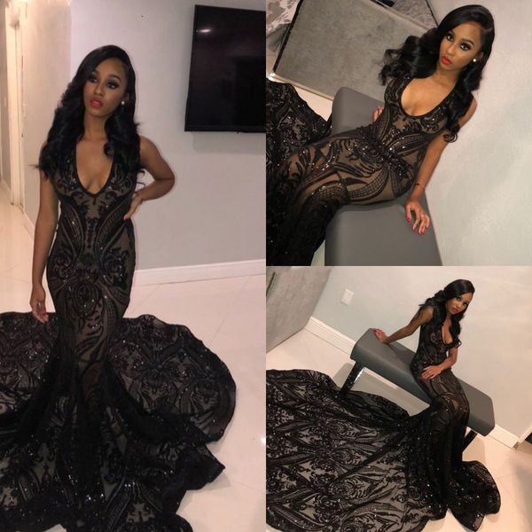

2019 black v neck mermaid prom dresses sequin embroidery lace applique custom made evening gowns with chapel train