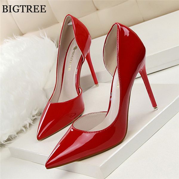 

bigtree shoes new patent leather women pumps pointed toe fashion office shoes woman cut-outs high heels women's party, Black