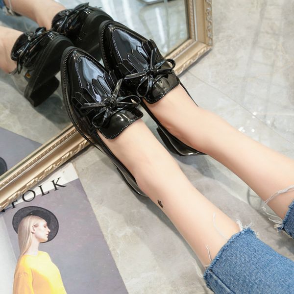

new korean version of bowknot fringed single shoe womens flatsoled pointed small leather shoes fashionable student shoes, Black