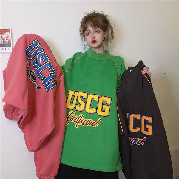 

autumn winter new korean harajuku thickened plus velvet turtleneck sweatshirt schoolgirl coat women pullover jacket candy color, Black