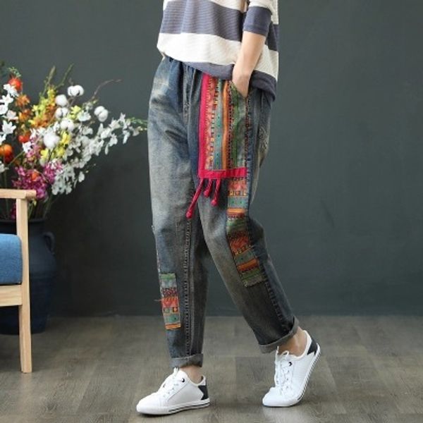 

autumn jeans women retro loose casual denim pants new ladies elastic waist pocket embroidery patchwork bleached vintage vintage, Blue