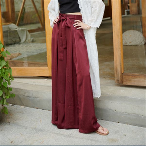 

summer women's wide leg pants bandage long loose burgundy mopping pants casual vintage boho trouser elegant 2020 new fashion, Black;white