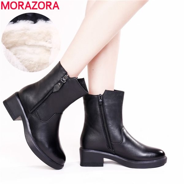 

morazora 2020 genuine leather shoes women ankle boots zip keep warm wool snow boots low heels winter shoes ladies, Black