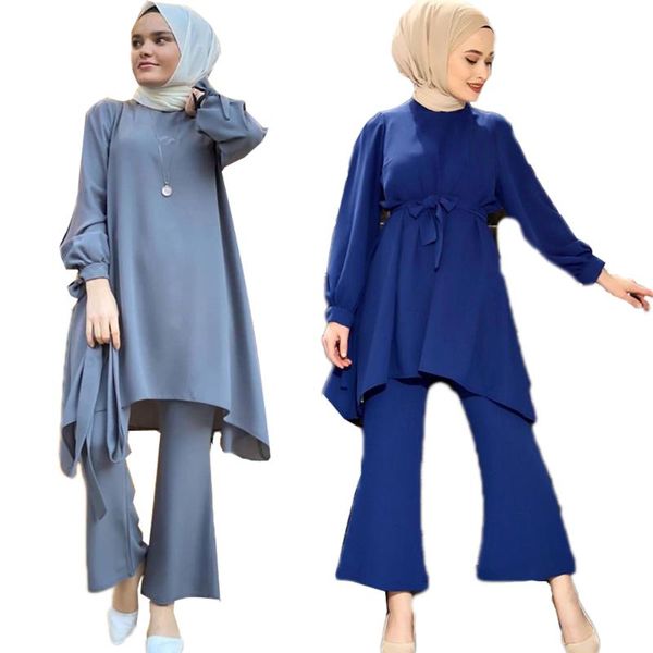 

2 piece muslim women set long blouse flare pants turkish kaftan abaya dress islamic clothing arab robe jilbab suits solid color, Red
