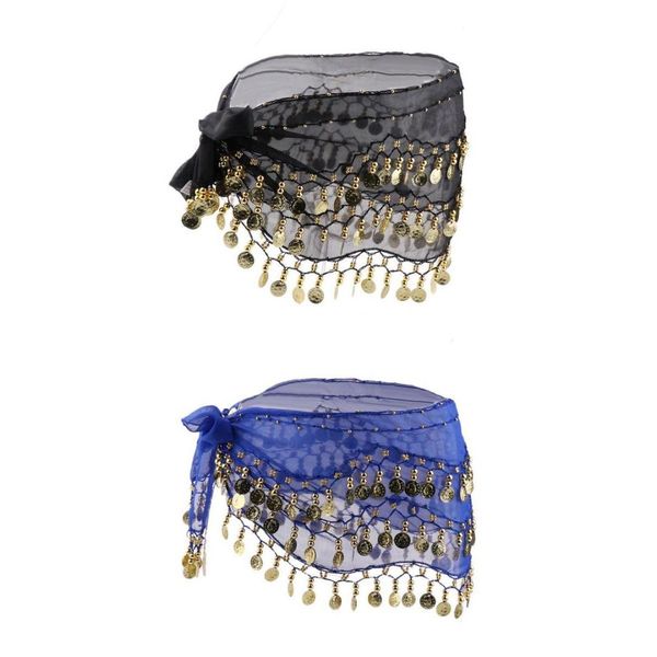 

2pcs lady women belly dance hip scarf accessories 3 row belt skirt with gold belly dance tone coins waist chain wrap wear, Black;red