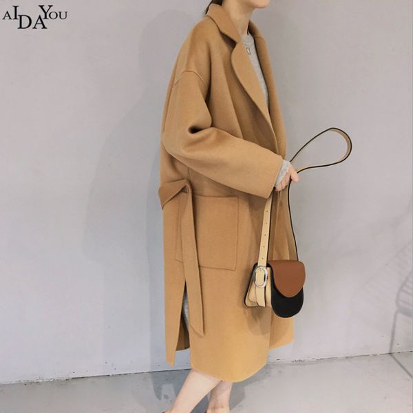 

woolen overcoat long women korea style autumn winter female warm maxi coat over knee with belt outwear ouc1763, Black