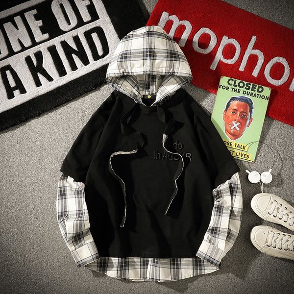 

spring new hoodies men's fashion plaid stitching fake two-piece sweatshirt man streetwear hip hop loose hooded pullover male, Black