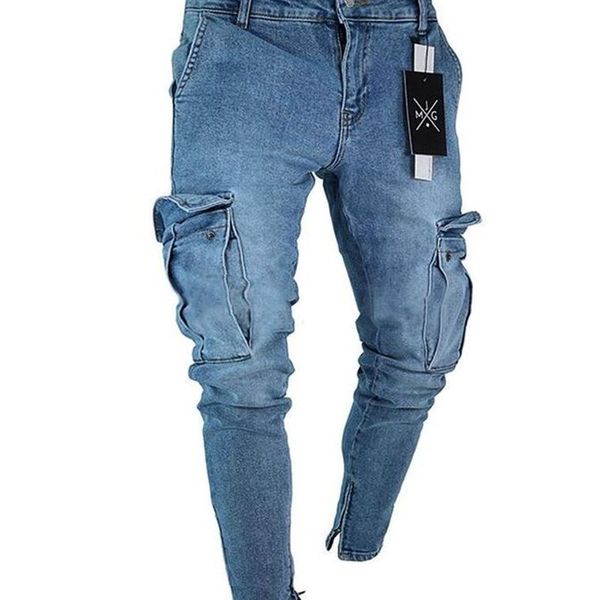 New Men denim pants ripped hole Jeans Fashion Hip hop Skinny pencil Jeans For Men stretch patchwork pocket cargo pants
