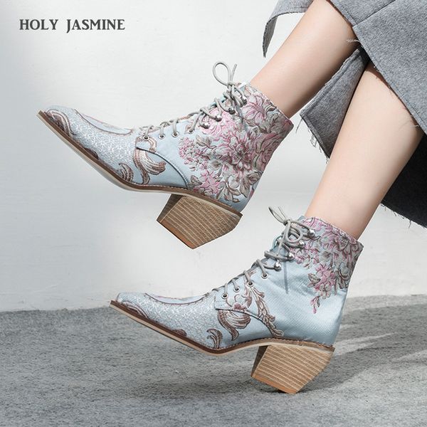 

high heel ankle boots women shoes winter 2019 new woman embroidered boots botines mujer botte femme bottine flower, Black