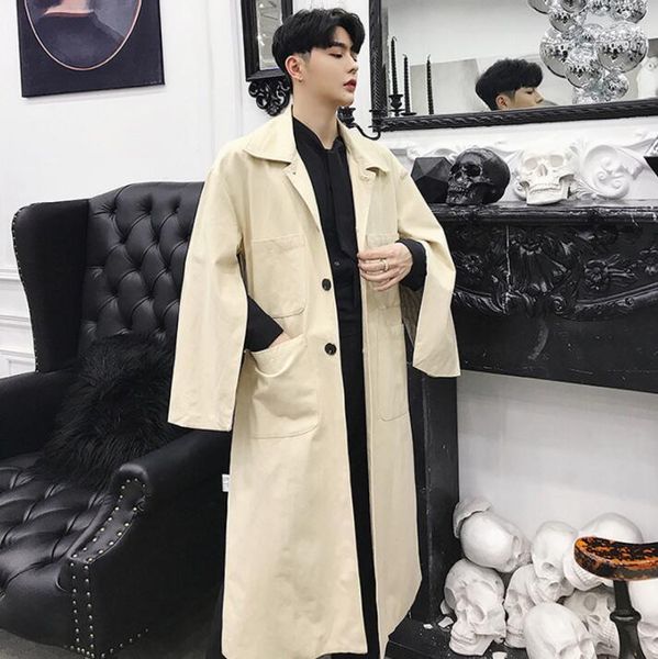 

loose trench coat men multi-pocket overcoat long sleeve mens clothing single-breasted outerwear casaco masculino khaki grey, Tan;black