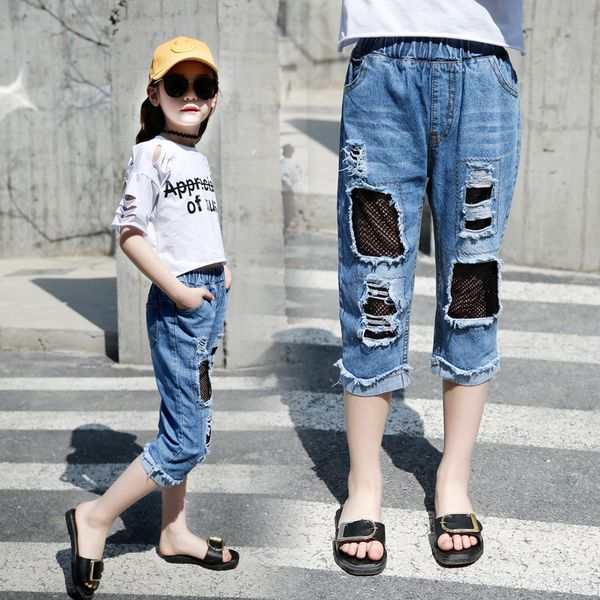

fashion ripped jeans for kids girl clothes long hole girls jeans pants summer destroyed denim trousers pants for 4-12 years girl, Blue