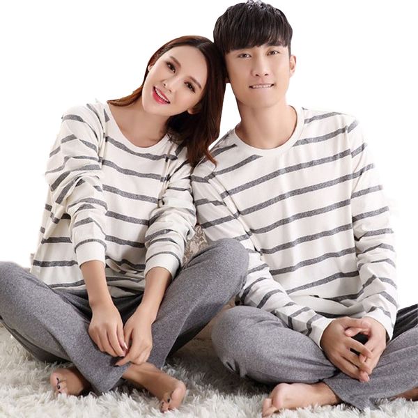 

couples pajamas sets women striped 100% cotton carton fashion women long sleeve sleepwear suit 2 piece spring autumn home lounge, Blue;gray