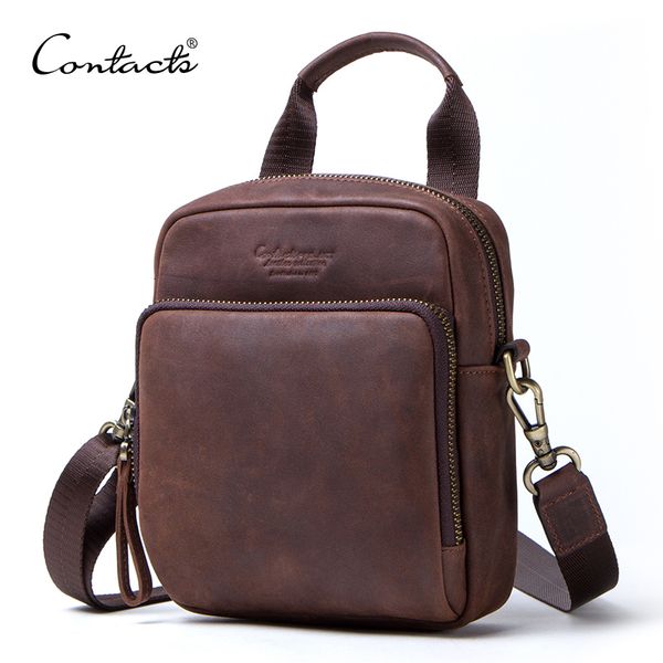 

contact's crazy horse genuine leather men messenger bag vintage bolsa man's waist packs small shoulder bags for men mini handbag c, Black;red