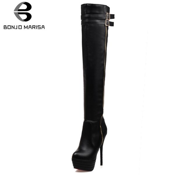

bonjomarisa 31-46 new high platform boots women fashion belt buckle ladies thin high heels shoes woman over the knee boots, Black