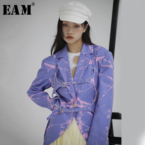 

eam] women blue pattern printed hollow out blazer new lapel long sleeve loose fit jacket fashion spring autumn 2020 1s114, White;black
