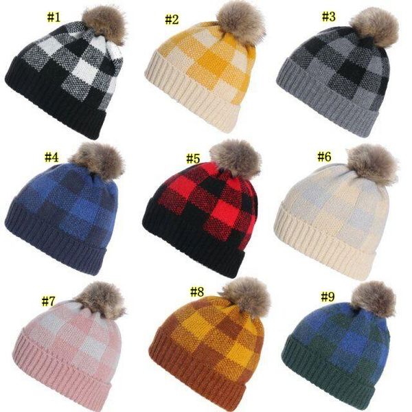 

9 colors parent-child cap pom pom plaid beanie hats winter warm knitted cap kids head wraps hat an2944