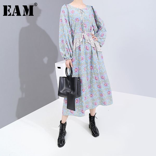 

eam] women pattern ruffles big size long dress new round neck long sleeve loose fit fashion tide spring autumn 2019 19a-a870, Black;gray