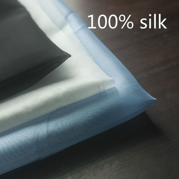 

6omi 100% pure silk fabric organza for dress,width:100-115cm natural silk color for french embroidery base fabric, Black;white