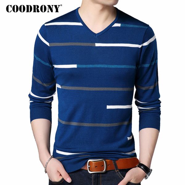 

coodrony men wool sweater casual striped v-neck pullover men clothes 2018 autumn winter new arrival mens sweaters pull homme 198, White;black