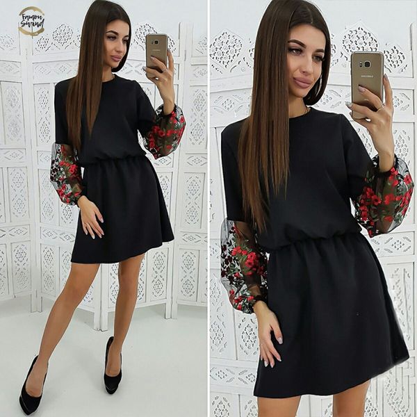 

women vintage lace embroidery party mini dress lantern sleeve o neck solid a-line mini dress early spring fashion women dress, Black;gray