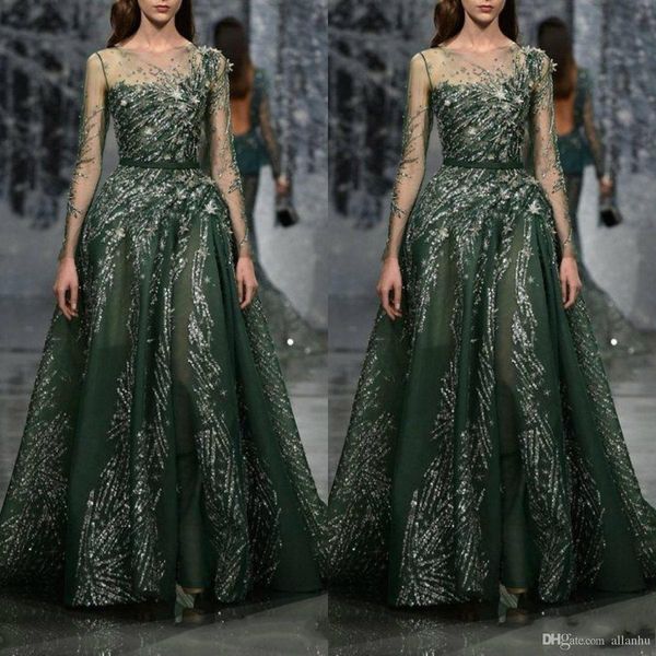 

темно-зеленый роскошные зияд голых платьев выпускного вечера sheer jewel шея длинного рукав кристаллы формальной длина вечерних платья пола, Black