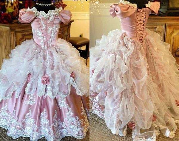 Vintage Çiçek Kız Elbise Kapalı Düğün Için Omuz Dantel Bir Çizgi Kız Pageant Törenlerinde Tutu İlk Komünyon Elbiseler Parti Giymek