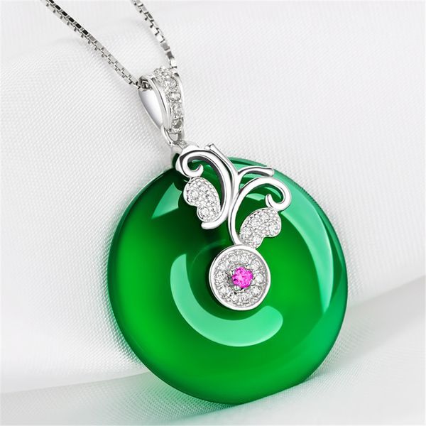

big green jade emerald gemstones pendant necklace for women sterling silver 925 white gold chain zircon diamonds jewelry gift