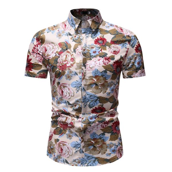 

men's printed high-quality comfortable shirt business casual lapel button-down shirt short sleeve slim printed, White;black