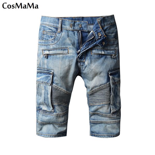 

2017 new arrival cosmama brand factory designer slim fit summer fashion side pockets denim cool jeans shorts for men, Blue
