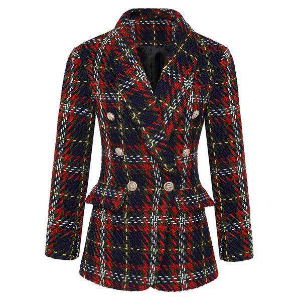 

elegant winter blazer women 2018 designers double breasted plaid vintage tweed woolen jackets and coats outewear, Black