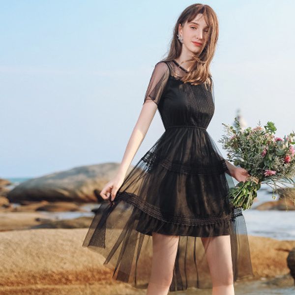 

woman designer luxury clothes slim dress brand womens round neck one button net yarn a-line skirt 2020 summer new, Black;gray