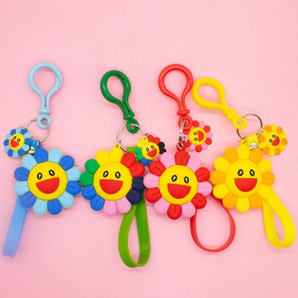 

creative pvc soft glue sun flower keychain pendant student bag hanging accessories fashion leather rope car key ring # ls1908051, Silver